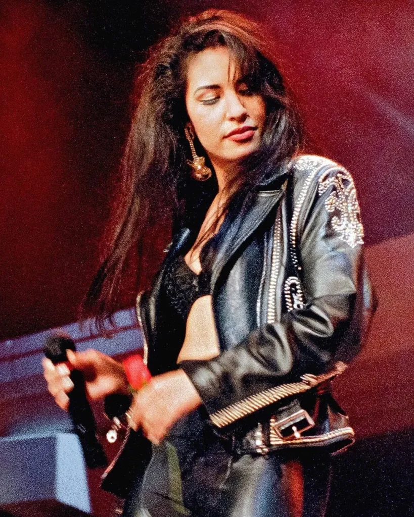 selena-quintanilla-leather-black-jacket-bra