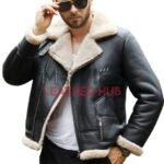 Axis Black Leather Bomber Jacket with Faux Shearling Lining