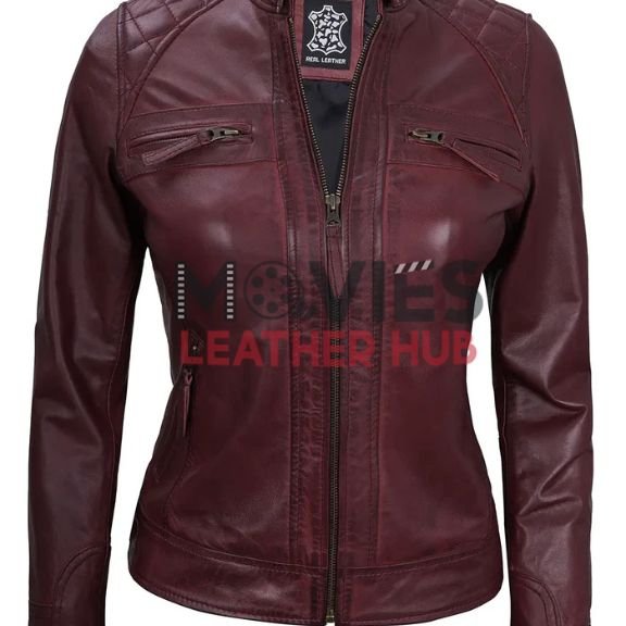 Johnson Women's Maroon Quilted Cafe Racer Leather Jacket