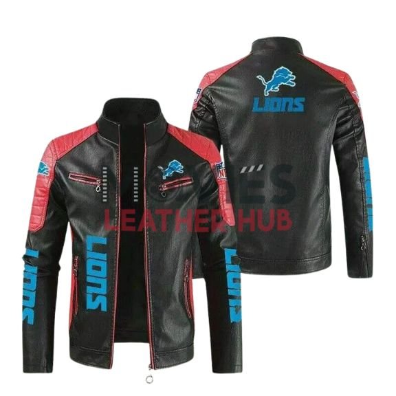 Black Red Detroit Lions Block Leather Jacket