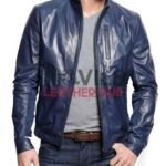 Men’s Stand Collar Casual Navy Blue Leather Jacket