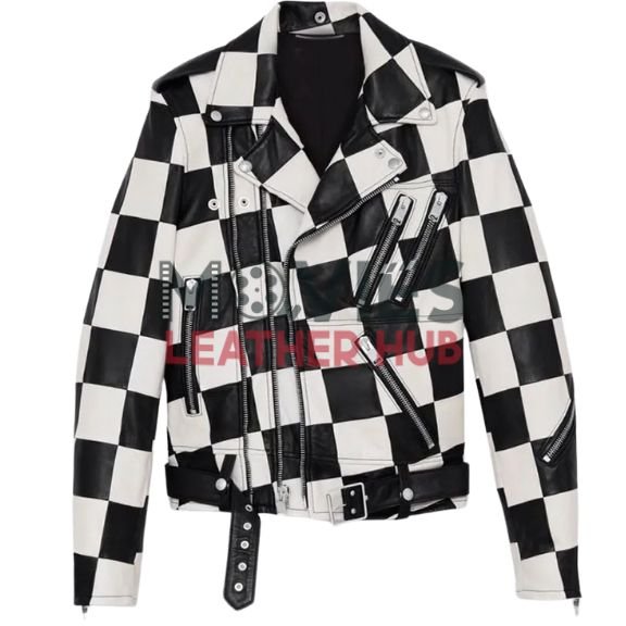 Men’s Motorcycle Checkerboard Leather Jacket