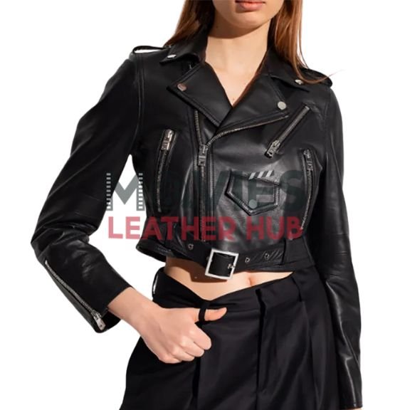 Women’s Cropped Belted Black Leather Biker Jacket