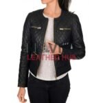 Women’s Diamond Quilted Design Zipper Pockets Black Leather Jacket