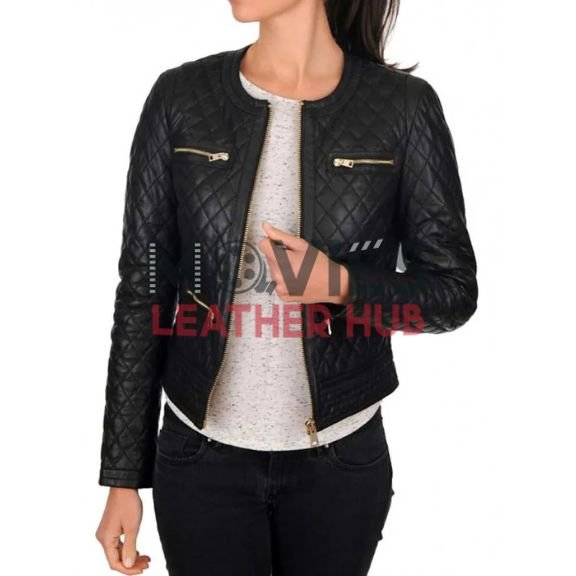 Women’s Diamond Quilted Design Zipper Pockets Black Leather Jacket