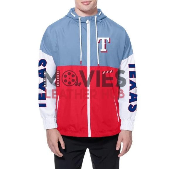 Texas Rangers Color Block Red/Light Blue Hoodie Windbreaker