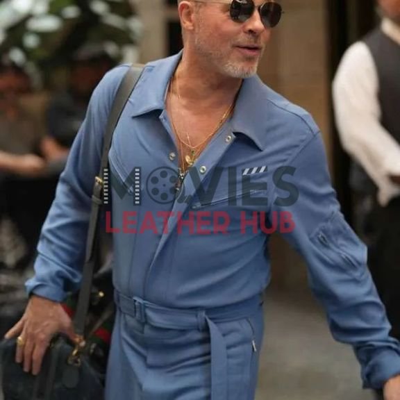 Brad Pitt F1 Movie Promo Blue Jumpsuit