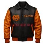 Halloween Leather Jacket With Pumpkin Print