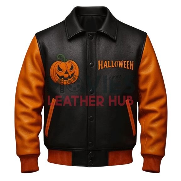 Halloween Leather Jacket With Pumpkin Print