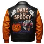Halloween Leather Jacket With Pumpkin Print